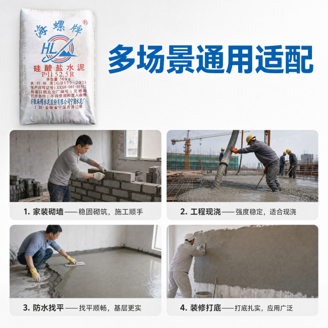 [主图-4] 海螺水泥适用场景展示图
[氛围风格] 真实专业，展示多场景适配性
[画质] 商业摄影质感，高清通透，画面干净
[元素] 顶部标题，下方四宫格均匀展示四个适用场景：1. 家装砌墙 2. 工预览效果
