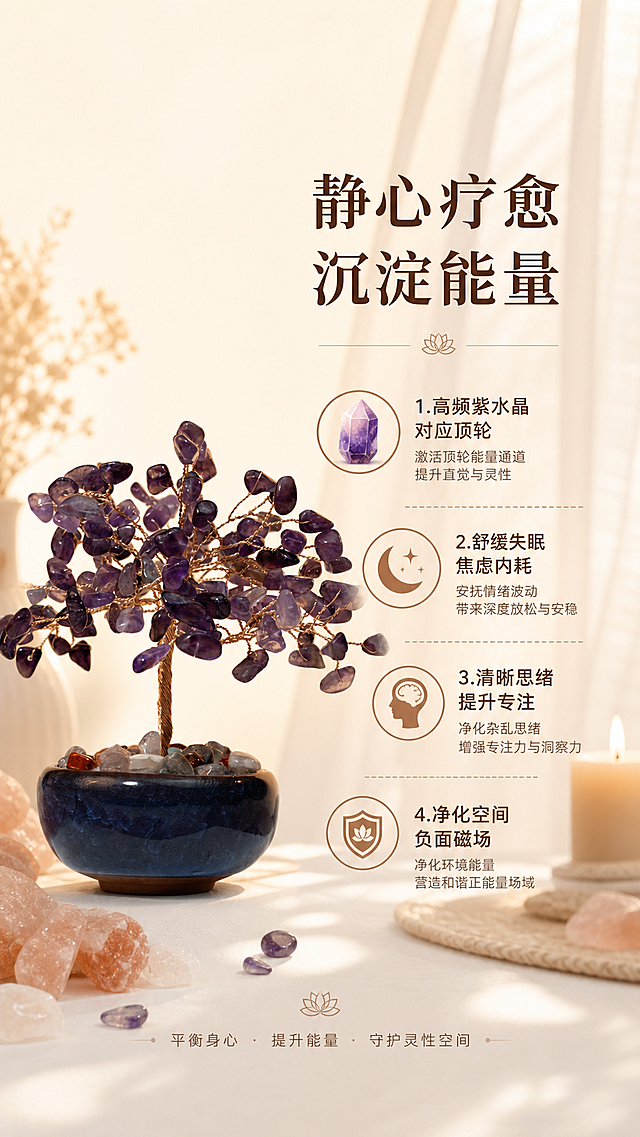 [第2屏] 核心卖点展示-紫晶顶轮疗愈能量树功效种草页。本屏使用【图1】作为商品主体。
[氛围/风格] 宁静治愈风，暖米色浅背景，柔和氛围感，干净通透商业摄影质感。
[元素布局] 产品放置在画面左侧，占比约50%；右侧预留卖点信息区域，背景搭配柔焦纱帘与香薰蜡烛营造冥想瑜伽氛围，保留产品原结构颜色不变。
[光影质感] 左侧柔和补光，右侧自然光影，整体明暗层次柔和，突出宁静松弛氛围。
[配色色系] 全局底色 #fcf6ed；主色产品紫与蓝；辅助浅棕文字、粉调装饰。
[视角构图] 左侧产品右侧文字版式，左实右虚，阅读动线从左到右自然流畅。
[文字版式] 大标题「静心疗愈 沉淀能量」，右侧分四个卖点模块，每个卖点搭配圆形小图标：1.高频紫水晶对应顶轮 2.舒缓失眠焦虑内耗 3.清晰思绪提升专注 4.净化空间负面磁场；每个卖点文字清晰，排版整齐，不遮挡产品。
[比例分辨率] 9:16 竖版比例，4K 分辨率，文字清晰可辨，高清画质。
[负向提示词] 产品变形，颜色偏差，文字错乱，文字过小，背景杂乱。