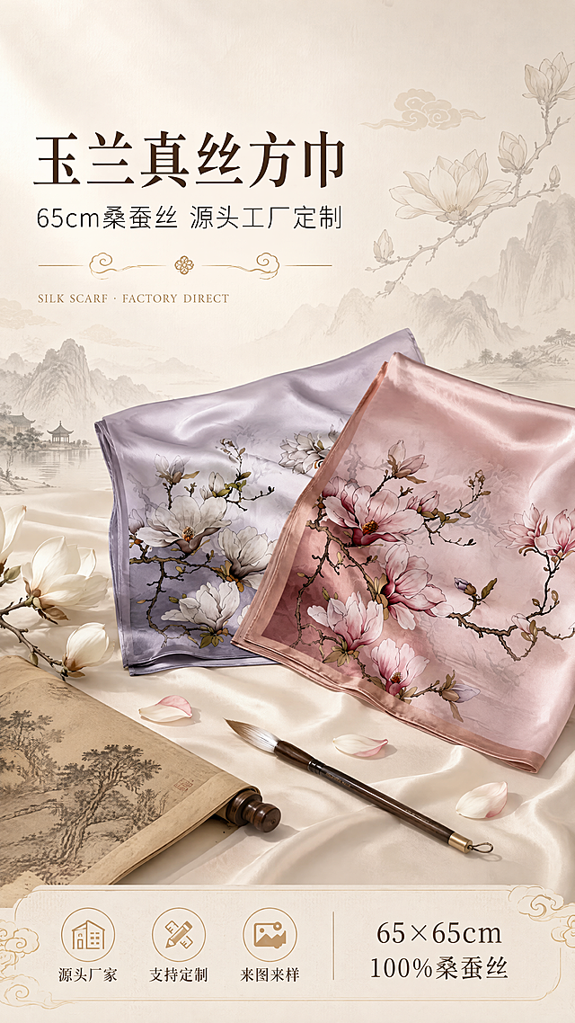 [第1张] 详情页头图主视觉-65真丝方巾双色玉兰花款同框海报，1688工厂批发定制开篇。本张使用【图1】作为双色方巾主体参考。
[氛围/风格] 东方雅致新中式国风，真丝柔滑高级质感，工厂源头批发商务感，商业摄影大片质感。
[元素布局] 画面中央偏右位置展示两条真丝方巾，豆沙粉玉兰花款在前，烟灰紫白玉兰款在后错落摆放，方巾自然舒展呈现玉兰花图案，占比约50%；左侧为标题区；背景为淡米色宣纸质感，点缀水墨山水远山、玉兰花枝剪影、祥云纹；前景散落几片玉兰花瓣、一支毛笔、半卷古画；方巾下方有浅米色丝绸台面承托，投射柔和阴影。
[光影质感] 左上方柔和自然光，右侧辅光补光，方巾丝绸表面呈现自然光泽和垂坠感，明暗层次丰富，整体温润通透。
[配色色系] 全局底色 #F5EFE6 米杏色；主色豆沙粉、烟灰紫；辅助色墨绿花枝、金色点缀、深棕文字。
[视角构图] 45°微俯视，方巾为视觉中心，阅读动线左上标题 → 中部方巾 → 底部信息条。
[文字版式] 版式为左上大标题 + 中部方巾主体 + 底部信息条。主标题「玉兰真丝方巾」，副标题「65cm桑蚕丝 源头工厂定制」，主标题书法宋体，副标题细黑体；标题下方小号英文装饰「SILK SCARF · FACTORY DIRECT」；底部左侧三个卖点标签「源头厂家」「支持定制」「来图来样」，右侧标注「65×65cm 100%桑蚕丝」；文字不遮挡方巾主体。
[比例分辨率] 9:16竖版比例，4K分辨率，文字清晰可辨，高清画质。
[负向提示词] 方巾变形，图案错乱，颜色偏差，水印，文字模糊，背景杂乱，丝绸质感失真。