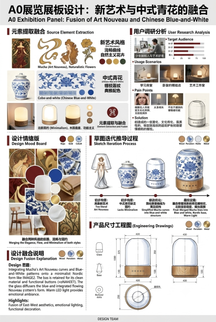 A0展览展板设计，尺寸宽841mm长1189mm，8K分辨率，高清渲染，细节丰富，文字清晰，版面整洁主次分明。展板包含七个模块：1.三款原作元素提取图，提取新艺术风格穆夏画作（图片1）、中式青花瓷罐（预览效果