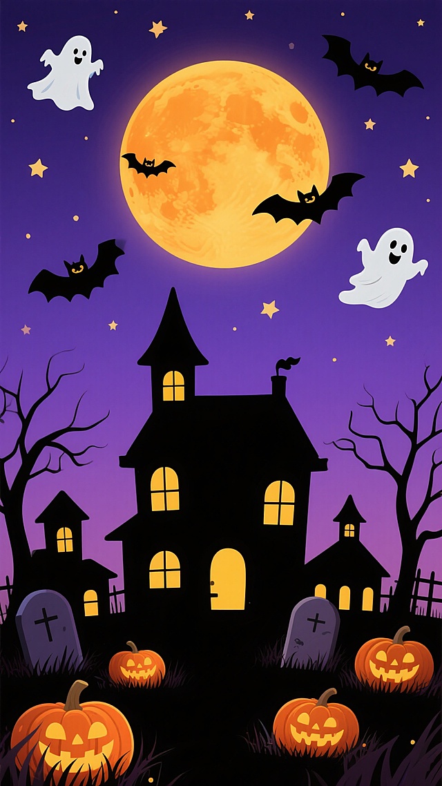 卡通风格万圣节背景，深邃的渐变紫色夜空点缀着星星，巨大的橙黄色满月占据上方，周围飞舞着造型可爱的幽灵和蝙蝠剪影，下方是黑色剪影风格的场景，包括几座亮着暖黄色灯光的尖顶鬼屋、枯树枝干、墓碑，以及多个咧嘴笑的南瓜灯散落在草丛中，整体营造出欢快又神秘的节日氛围，画面简洁明快，色彩对比鲜明，充满童趣和节日装饰感。