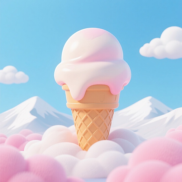 软3D风冰淇淋，梦幻甜美，云朵环绕，山景背景，可爱感十足。