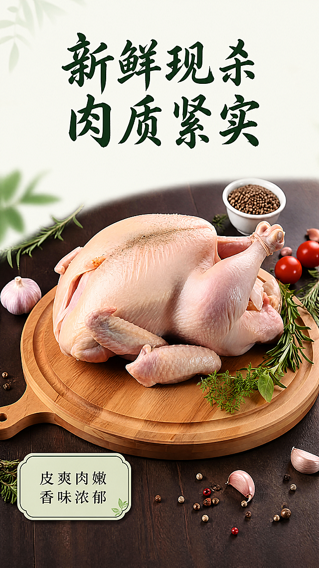 [第5屏] 产品肉质展示-处理好的整鸡新鲜质感。
[氛围/风格] 生鲜食欲风，干净清晰，突出新鲜肉质纹理，勾起购买欲。
[元素布局] 处理好的整鸡放在圆形实木砧板上，保持鸡肉形态、颜色、纹理和【图1】完全一致，周围点缀迷迭香、胡椒粒、干蒜、小番茄等新鲜香料，背景为深棕哑光台面，干净突出主体，鸡肉占据画面约70%主体位置。
[光影质感] 左侧柔光打亮鸡肉纹理，清晰展现肉质紧实弹性，油润新鲜，右侧自然投影，层次分明。
[配色色系] 全局底色：#F5F9F2；主体配色：浅粉鸡肉+原木砧板+绿色香草；辅助色：红色小番茄，深绿色文字。
[视角构图] 正面微俯视，完整展示整鸡形态，主体突出，背景干净不抢镜。
[文字版式] 顶部居中标题 "新鲜现杀 肉质紧实"，使用首屏同款温润书法体，深绿色纯色填充。左下角浅绿标签标注 "皮爽肉嫩 香味浓郁"，黑色文字。全页复用首屏字体风格和字色。
[比例分辨率] 9:16竖版比例，4K分辨率，文字清晰可辨，超高清。
[负向提示词] 鸡肉变形，纹理模糊，颜色偏差，香料杂乱，文字错乱，水印。