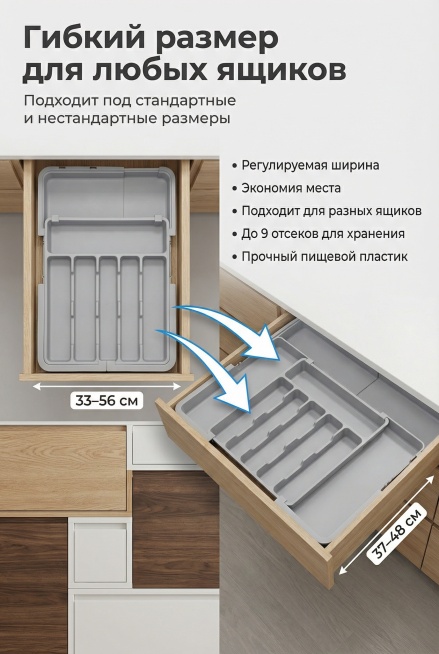 1. 产品核心分析
信息拆解
基础参数：伸缩尺寸 33–56 см × 37–48 см，含 6+3 个分区；材质为食品级塑料；结构为可伸缩一体式，刀叉勺分区独立。
特征提炼
差异化核心特征：自由伸缩预览效果