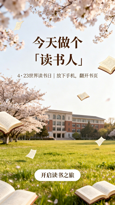 世界读书日H5封面页，清新四月大学校园风景，点缀书本和书页元素，整体暖色调，主标题文字是“今天做个「读书人」”，副标题文字是“4·23世界读书日 | 放下手机，翻开书页”，底部有按钮文字“开启读书之旅预览效果