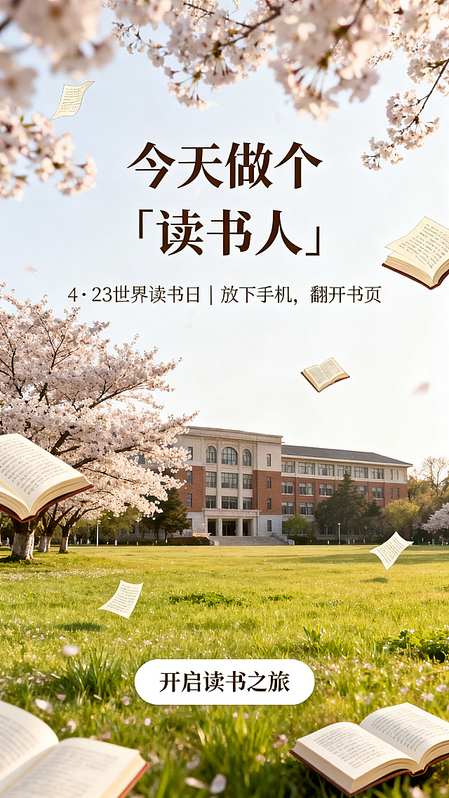 世界读书日H5封面页，清新四月大学校园风景，点缀书本和书页元素，整体暖色调，主标题文字是“今天做个「读书人」”，副标题文字是“4·23世界读书日 | 放下手机，翻开书页”，底部有按钮文字“开启读书之旅”，风格清新自然。