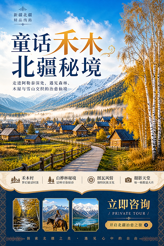 新疆北疆旅游长图海报，设计参考提供的示例海报版式，使用新疆浓郁地域色彩，包含禾木村景点风光，中文文案，适合FB平台推广，吸引旅游人群，主标题'童话禾木 北疆秘境'