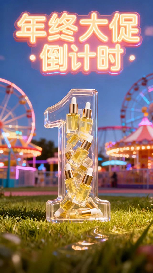 将图中的商品裂变出无数个（商品比例外观一致），通过旋转堆叠的方式填充到“1”数字形状的透明容器中，透明容器被商品填满不留一丝空隙。“1”立在草地上，柔和的光泽纹理，背景是游乐场梦幻氛围。画面顶部为巨大荧光质感文字灯牌“年终大促·倒计时”。