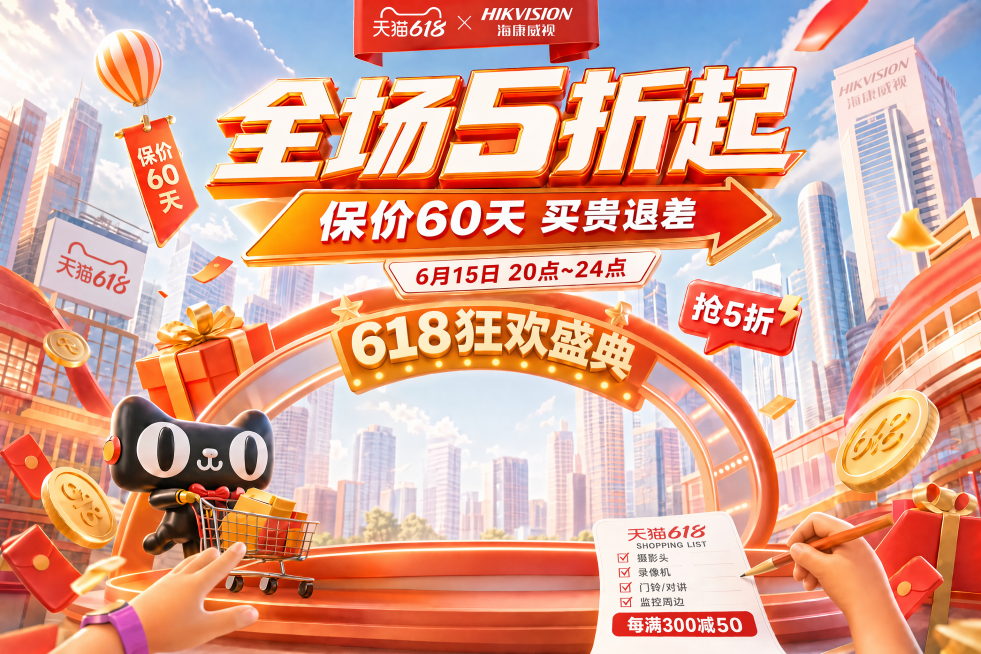 移除这张海报中间舞台上的所有海康威视监控产品，保留弧形拱门文字“618狂欢盛典”、左侧天猫玩偶、购物清单和所有促销文字标题，保持整体3D暖橙促销风格，背景城市建筑保留，让移除产品后的中间区域与整体背景预览效果