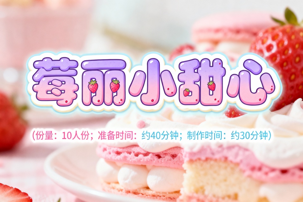 设计几个艺术字，颜色适合放在马卡龙色系插画底图上，字体活泼可爱，第一排字的内容是莓丽小甜心；第二排字比第一排小五倍，内容是（份量：10人份；准备时间: 约40分钟；制作时间：约30分钟）预览效果