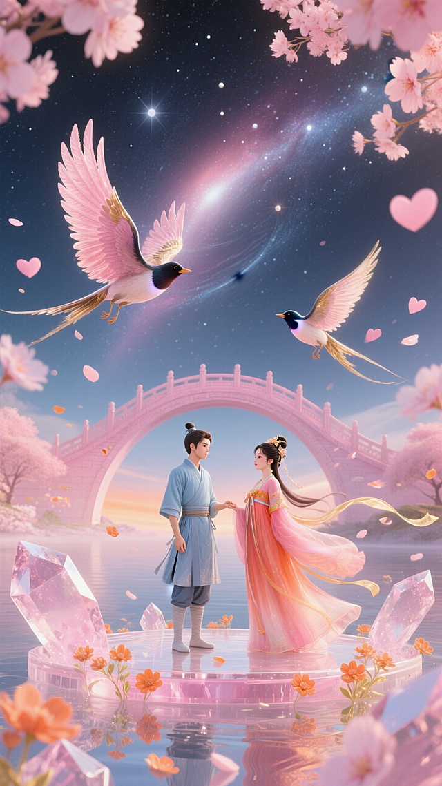 画面呈现七夕浪漫场景，粉樱绽放，鹊桥横跨，牛郎织女立于水晶平台，飞鸟、爱心环绕，星河璀璨，满溢着爱情的甜蜜与梦幻。