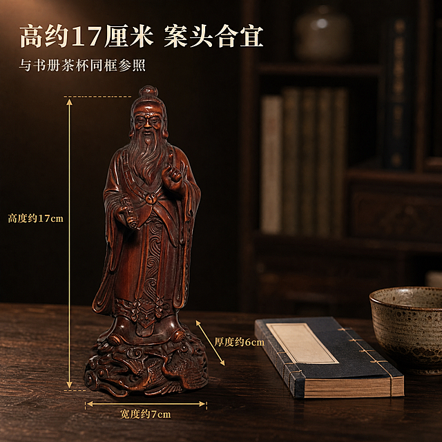 [主图-5] 尺寸规格图：标注高度、宽度、厚度，并与常见器物同框参照。
[统一基调] 新中式深色静物商业摄影：同一处深棕黑渐变背景与深胡桃木台面，左上45度暖光加侧后轮廓光；全套统一主色（深棕黑与暖琥珀）、标题字色（暖米白）、辅助字色（浅暖灰）、强调色（暗金仅用于小面积标签、图标与引线）、宋体类衬线粗体主标题与细线图标标签样式；产品始终保持深红棕色黄杨木雕刻与油润包浆质感不变。
[画面] 产品居中偏左立于深胡桃木书桌（占画面约50%），产品左侧配竖向金细线尺寸线与双向箭头（标高度），底座旁配横向金细线尺寸线（标宽度），侧向配一条短线尺寸线（标厚度）；右侧同一桌面平放一册线装书与一只粗陶茶杯作大小参照，三者透视一致；前中后景三层：前景桌面、中景产品与参照物、后景虚化深色书柜；产品保持输入图外观：深红棕色黄杨木雕圣贤立像（束发高髻、长须长眉、宽袖长袍、右手抬指向天、左手持书卷、云纹瑞兽圆雕底座），与桌面有真实接触阴影。
[光影质感] 左上45度暖柔光，产品与参照物受光方向一致，木雕油润反光，桌面有自然接触阴影，无悬浮感。
[配色] 沿用统一基调：深棕黑背景、深胡桃木桌面，标题暖米白，辅助浅暖灰，强调暗金。
[文字版式] 左上放主标题“高约17厘米 案头合宜”（宋体类衬线粗体、暖米白、最大字号），下方副标题“与书册茶杯同框参照”（浅暖灰、缩小50%以上），三条尺寸线旁分别标注“高度约17cm”“宽度约7cm”“厚度约6cm”；文字全部横排，不遮挡产品与参照物；除 17、7、6 厘米外不得出现任何其他尺寸、重量或容量数字，不得自行添加参数表。
[输出要求] 1:1方形，文字清晰无错字，全横排（禁止竖排、旋转、单字竖列），产品清晰不变形，无编造尺寸与重量数字，无多余手指与畸形，无平台Logo、无水印、二维码、装饰边框，无绝对化用语与医疗健康功效类文案。