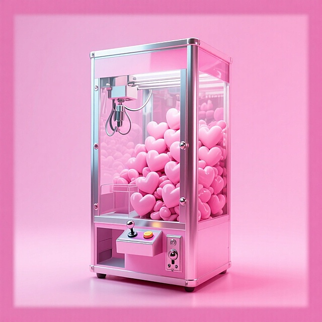 一台完整的娃娃机全身，里面堆满爱心，粉色背景，四周留白