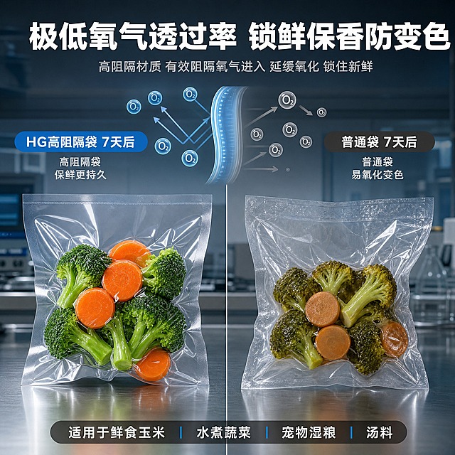 [主图-2] 高阻隔锁鲜效果证明图，展示极低氧气透过率带来的保香防变色能力。
[统一基调] 1688 B端源头工厂风格，高级工业质感，深灰蓝色渐变背景，主标题白色粗黑体，副标题浅灰，强调色为科技蓝，整体简洁专业。
[画面] 画面采用左右对比构图。左侧：一只透明真空包装袋内装着鲜艳的水煮西兰花和胡萝卜片，蔬菜颜色鲜亮饱满，真空贴体紧致，标注"HG高阻隔袋 7天后"。右侧：一只普通包装袋内装着同样的蔬菜，但颜色明显变暗发黄，袋子略显松弛，标注"普通袋 7天后"。两组袋子并排放置在不锈钢操作台面上，背景为实验室风格的浅景深环境。上方有氧气分子阻隔示意图标，直观表现低氧气透过率。
[光影质感] 商业摄影质感，柔和顶光，袋身透明质感真实，蔬菜颜色还原准确，左右两侧光线一致，对比清晰，台面有自然反光。
[配色] 背景浅灰蓝，蔬菜绿黄橙本色，袋子透明高光泽，文字白色+科技蓝强调。
[文字版式] 顶部大标题"极低氧气透过率 锁鲜保香防变色"，左右两侧分别有小字标注"高阻隔袋 保鲜更持久"和"普通袋 易氧化变色"，底部有一行说明文字"适用于鲜食玉米 水煮蔬菜 宠物湿粮 汤料"。
[输出要求] 比例1:1，2048x2048，产品清晰，对比真实，禁止产品变形，禁止改变袋形，禁止夸张虚假效果，禁止出现宣传泡沫，禁止水印，禁止平台logo。