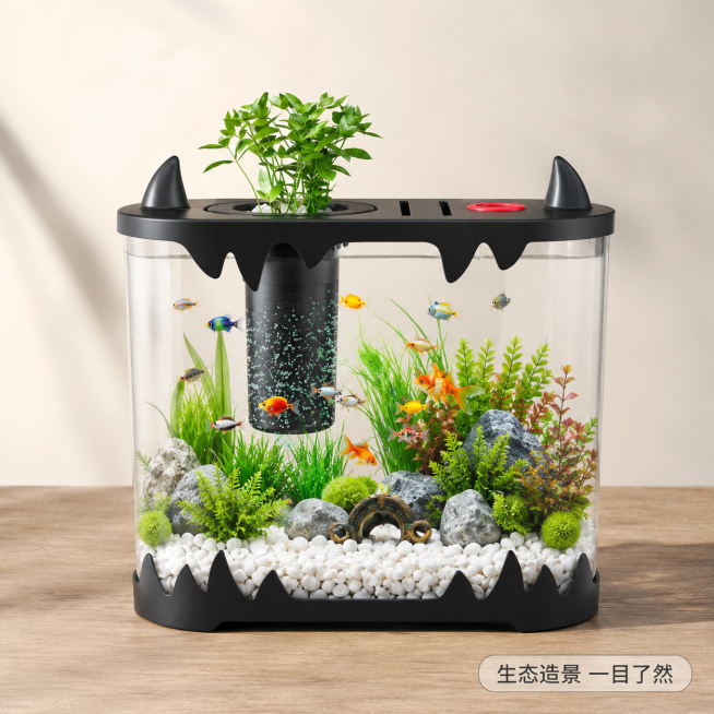 [主图-5] 造景效果展示
[氛围风格] 清新自然，展示造景美感
[画质] 商业摄影质感、光线柔和通透、产品清晰真实、画面干净高级。
[元素] 主视觉展示鱼缸内部完整造景，包含底石、水草、游鱼，整体景预览效果