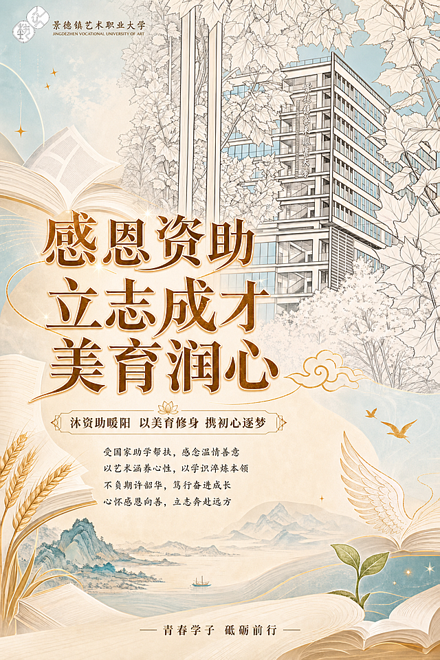 将原图处理为专业Photoshop精修效果：提升整体清晰度与锐度，增强文字金色描边的立体感与光泽；优化建筑线稿的干净度与对比度，使线条更清晰利落；统一画面光影层次，强化书页、树叶、云纹等元素的质感与细节；背景淡雅色调保持柔和过渡，避免过曝或偏色；整体呈现高精度商业级海报质感，保留全部原始文案与构图不变。