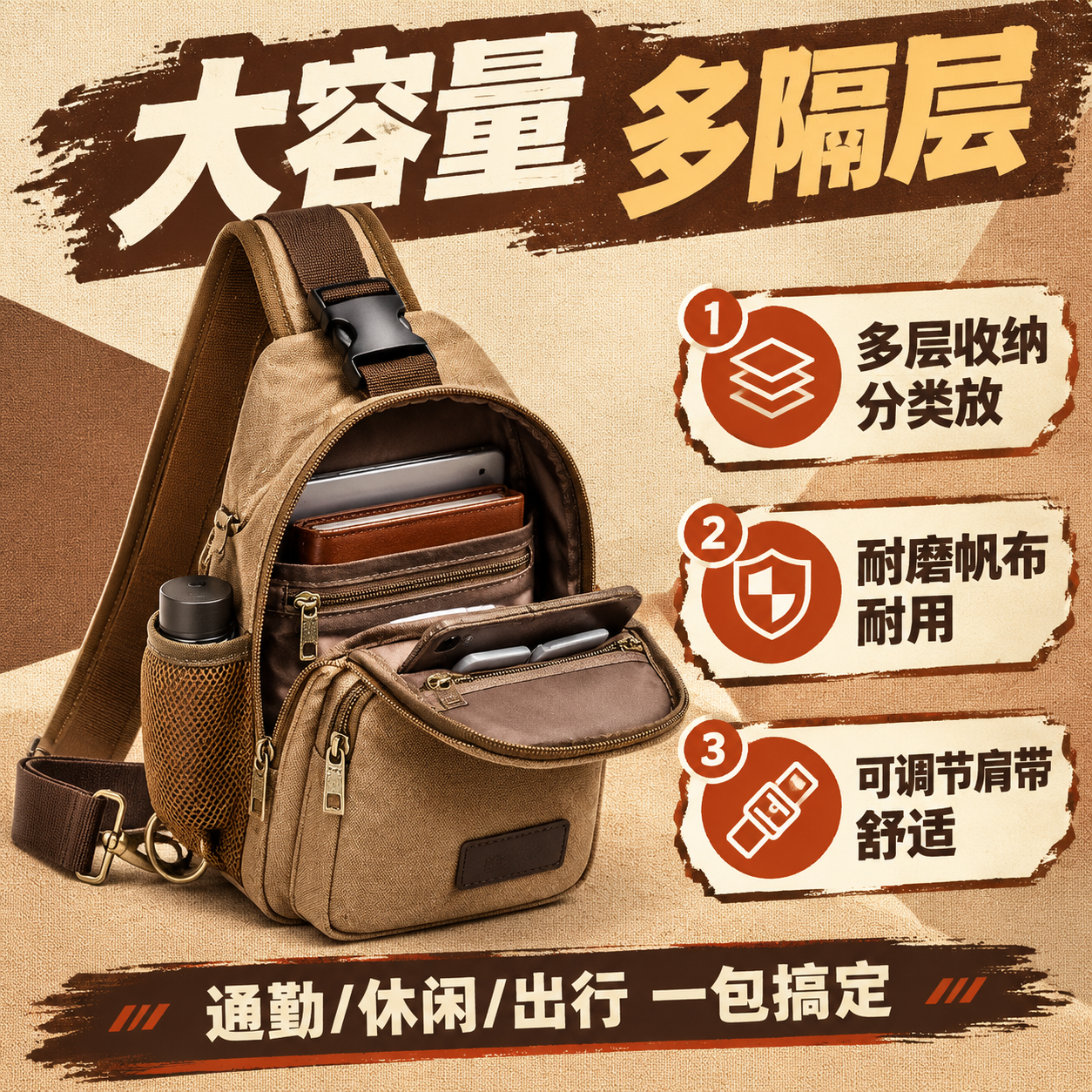 [商品] 使用【图1】咖啡色小号帆布胸包；保留包型结构、拉链、… - 图片创意预览