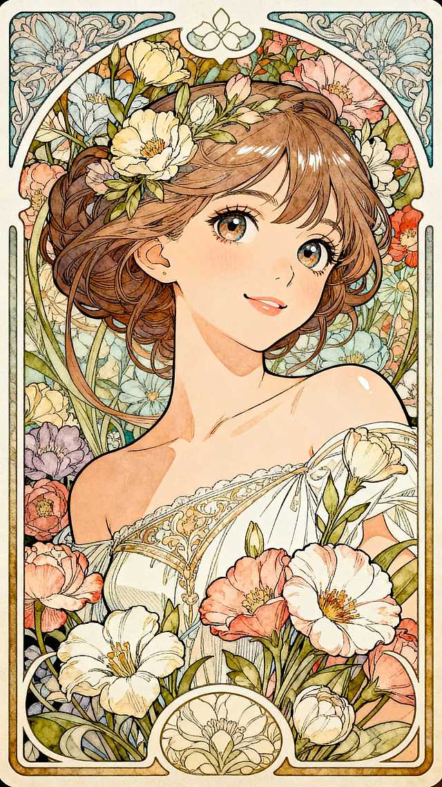 精致漂亮的女孩子，眼睛大，柔美的体态，柔和的配色，半身，周围全是花朵，梦幻的气氛