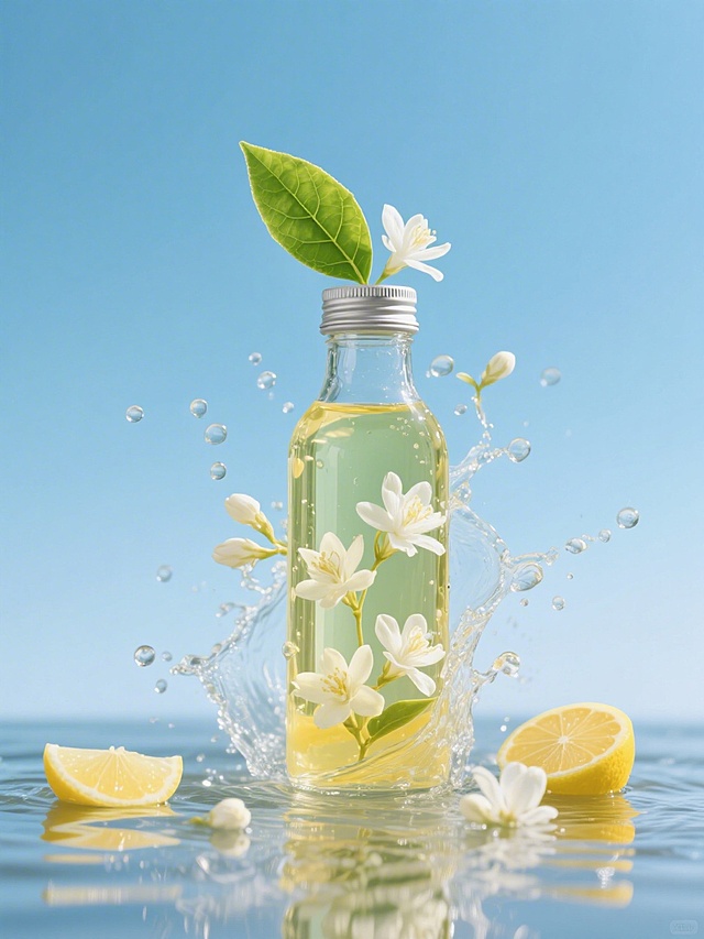 一瓶茉莉花茶的特写，被包裹在一股泼溅的茶水中（从地面泼溅而起，激起水花，水花晶莹剔透，折射着光线，并有几朵茉莉花，瓶子盖子上有一片茶叶），背景是蓝天，水面上有柠檬和茉莉花