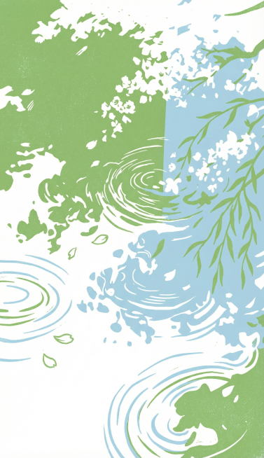 参考这两张图，转换为橡皮章拓印丝网印刷风格，质朴的手工招印质感，线条简洁概括，正负形对比强烈，带有复古印刷的颗粒感，无写实光影，偏向极简平面设计。仅使用清新的浅草绿色与浅天蓝色两种低饱和色调，通过正负预览效果