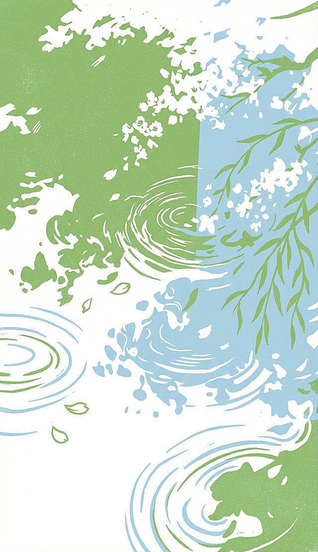 参考这两张图，转换为橡皮章拓印丝网印刷风格，质朴的手工招印质感，线条简洁概括，正负形对比强烈，带有复古印刷的颗粒感，无写实光影，偏向极简平面设计。仅使用清新的浅草绿色与浅天蓝色两种低饱和色调，通过正负形绿底白纹蓝底绿纹交替形成视觉节奏，色彩干净柔和，充满春日治愈感