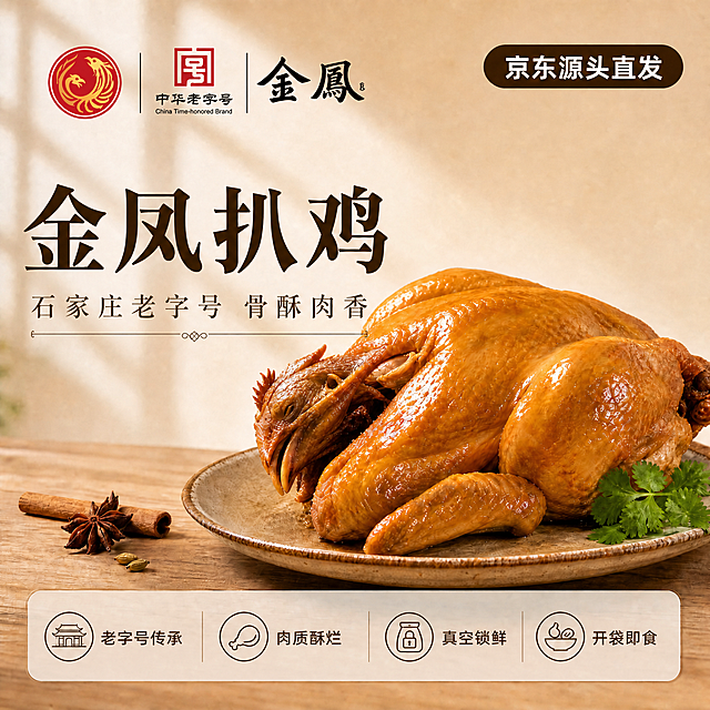 基于这张金凤扒鸡主图，画面中的扒鸡、所有文字内容、排版布局、背景、底部卖点全部保持不变。只将左上角的LOGO替换为：红色凤凰圆形标志（红黄渐变凤凰）+ 左侧红色中华老字号印章（内有白色宫字图案，下方有China Time-honored Brand 中华老字号小字）+ 右侧金凤黑色书法字，三者横向排列的正确LOGO样式。LOGO颜色、比例、样式必须准确。其余一切不变。1:1正方形。