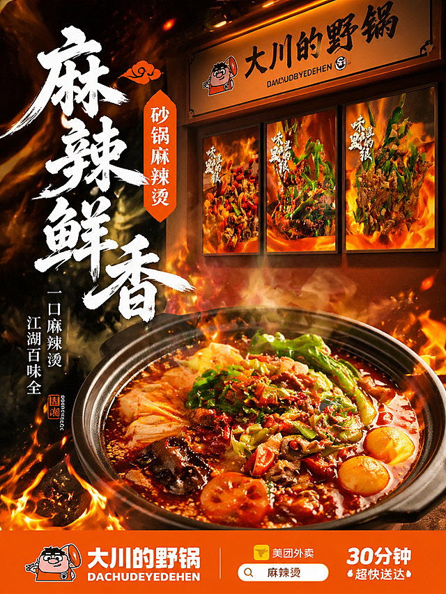 参考图的国潮江湖风设计，美团外卖麻辣烫门店照片墙，麻辣鲜香的砂锅麻辣烫，火焰氛围感，橙色底部排版，国潮书法字体，风格简约有食欲