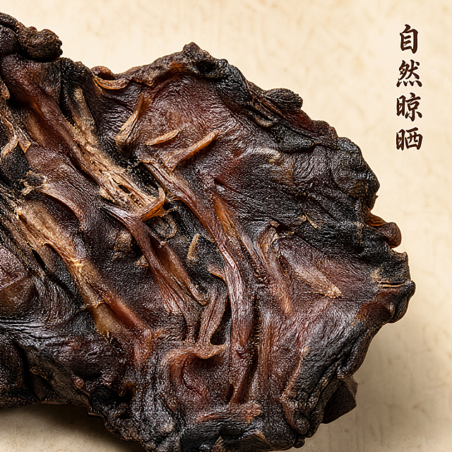 [主图-3] 肉苁蓉细节纹理微距特写展示。氛围风格：放大细节突出品质，真实干货质感。画质：商业摄影质感、光线柔和通透、产品清晰真实、画面干净高级。元素：微距特写放大一块肉苁蓉残片切面，完整展示深棕色纹理和纤维结构，保留产品外观（物理结构、材质质感、颜色）与输入产品图绝对一致，杜绝任何变形和色差，精细化处理。产品占比约75%，画面满屏无边框，背景用浅米色宣纸衬托突出主体。光影：侧光打亮，突出表面褶皱和纹理细节，明暗对比清晰，展现肉质紧实感。配色：主色为深棕肉苁蓉色，背景浅米白色对比清晰。视角构图：特写平视，主体填满画面，突出纹理细节。文字版式：右上角竖排文字写"自然晾晒"，深棕色书法字体，简约不遮挡主体细节。比例分辨率：1:1比例，4k分辨率，文字清晰锐利，画面超高清。负向提示词：变形，水印，文字错乱，产品图模糊，背景杂乱，夸大功效表述，医疗宣传内容。