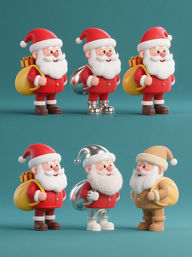 3D立体风格的圣诞系列素材集合，纯色背景，画面中规整排布六个造型完全相同的卡通圣诞老人形象，每个圣诞老人均保持戴着红色圣诞帽、面带微笑、留着白色胡须、穿着红色外套并背着黄色礼物袋的核心圣诞元素内容，六个圣诞老人分别呈现出六种完全不同的材质质感——光滑塑料、磨砂金属、哑光陶瓷、绒毛织物、透明玻璃和木质纹理，整体设计简洁明快，视觉层次清晰，信息传达高效，符合圣诞主题的节日氛围与装饰需求。