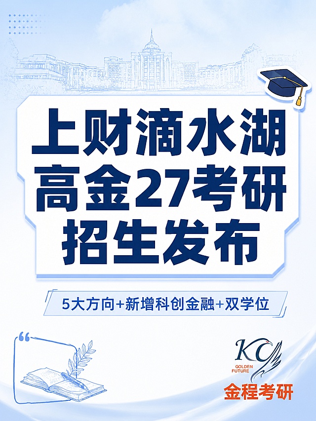 小红书笔记封面，第1张封面图，ins清新教育风，浅蓝白为主色调，版式精美，小红书笔记封面质感，适合信息流点击。主标题必须完整呈现且为画面视觉中心，逐字锁定：「上财滴水湖高金27考研招生发布」。副标题：「5大方向+新增科创金融+双学位」。主标题字号占画面约55%视觉权重，清晰可读，不得增删改字。背景：浅蓝到白色的柔和渐变弥散背景，上方点缀简约的上海财经大学校园建筑线稿或剪影，整体干净学术。标题排版：扁平粗黑体，深蓝色主标题，白色或浅蓝色色块底框衬托，采用纯大字P07+P08策略。装饰：右上角1个毕业帽emoji小贴纸；左下角1个手绘细线条框装饰；禁止底部横排多个emoji。右下角放置金程考研logo（参考用户上传logo样式，蓝红配色，含KC图形与金程考研字样），尺寸适中不抢主标题。整体氛围：权威、学术、考研招生公告感。画质：高清细腻，信息层级清晰，主标题与背景强对比，文字完整处于安全区内不可裁切，四周留安全边距。画面比例3:4。