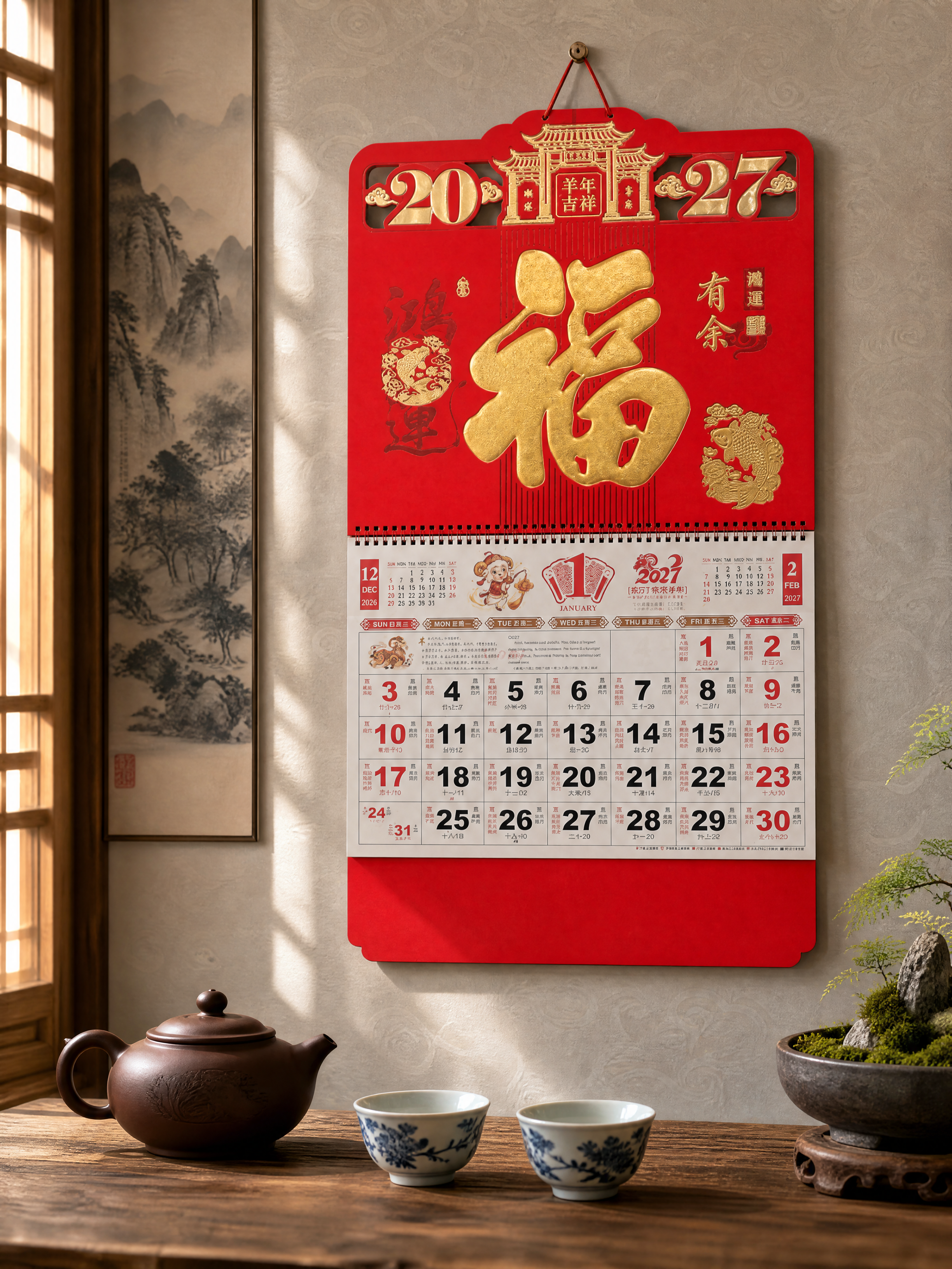 将挂历背景替换为新中式茶室墙面场景。挂历严格参照上传产品图，完… - 图片创意预览