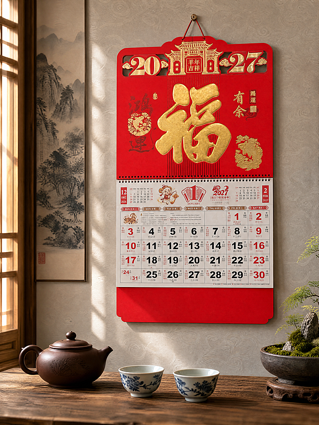 将挂历背景替换为新中式茶室墙面场景。挂历严格参照上传产品图，完整保留所有可见组件、部件、轮廓、结构、比例、材质、颜色与产品本体上的文字信息（烫金福字、2027数字、羊年吉祥、鸿运有余、月份日历、鱼纹图案等），与上传图完全一致；自然融入场景光影，与场景共处同一物理空间。
挂历悬挂在茶室浅灰色壁纸墙面上，正面平视微侧5°，产品占画面65%，完整不裁切，近景构图。
风格：新中式。
场景概念：午后茶室角落，静谧禅意氛围。
承载与背景：①墙面，浅灰色暗纹壁纸，细腻云纹图案，哑光质感；②画面下方露出老榆木茶桌边缘，原木色，自然木纹。
陪衬物：①茶桌左侧，一把紫砂茶壶，深褐色；②茶桌中央，两只品茗杯，白瓷青花；③茶桌右侧，一小盆苔藓微景观，深陶盆；④挂历左下方墙面，一幅小型山水挂画局部，水墨色调。
配色：浅灰 / 原木色 / 紫砂褐 / 青花蓝 / 苔藓绿。
材质：壁纸 / 老榆木 / 紫砂 / 白瓷 / 纸质烫金。
光影：主光从左侧木格窗透入柔和自然光，偏暖调，照亮挂历正面烫金纹理，呈现细腻金属光泽；辅光为茶桌反射补光，墙面光影柔和过渡；挂历在墙面形成自然浅影。
4K写实光追，严格锁定宽高比为3:4。