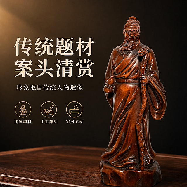 [主图-8] 题材与工艺说明图：说明传统人物造像题材与手工雕刻，不做任何功效宣称。
[统一基调] 新中式深色静物商业摄影：同一处深棕黑渐变背景与深胡桃木台面，左上45度暖光加侧后轮廓光；全套统一主色（深棕黑与暖琥珀）、标题字色（暖米白）、辅助字色（浅暖灰）、强调色（暗金仅用于小面积标签、图标与引线）、宋体类衬线粗体主标题与细线图标标签样式；产品始终保持深红棕色黄杨木雕刻与油润包浆质感不变。
[画面] 产品完整置于深棕黑渐变背景前的深胡桃木陈列台，微仰视视角突出庄重感，主体占比约65%；左侧预留负空间放标题与信息卡，下方横向排布三个细线图标标签；前中后景三层：前景陈列台边缘虚化、中景产品、后景深色墙面与暖光光斑；产品保持输入图外观：深红棕色黄杨木雕刻立像（束发戴巾、长须、宽袖长袍、龙头杖、腰侧葫芦、岩石状底座），不改颜色、结构与雕刻细节。
[光影质感] 顶部与左上45度暖柔光，木雕表面油润温润反光，衣纹与面部层次清晰，陈列台有真实接触阴影，背景干净虚化。
[配色] 沿用统一基调：深棕黑背景、深胡桃木陈列台，标题暖米白，辅助浅暖灰，强调暗金。
[文字版式] 左上放主标题“传统题材 案头清赏”（宋体类衬线粗体、暖米白、最大字号），下方副标题“形象取自传统人物造像”（浅暖灰、缩小50%以上），三个金细线小标签“传统题材”“手工雕刻”“家居陈设”；文字全部横排，不遮挡产品；不得出现开光、招财、治病、保健、保佑等功效类文案与绝对化用语。
[输出要求] 1:1方形，文字清晰无错字，全横排（禁止竖排、旋转、单字竖列），产品清晰不变形，无多余手指与畸形，无平台Logo、无水印、二维码、装饰边框，无绝对化用语与医疗健康功效类文案。