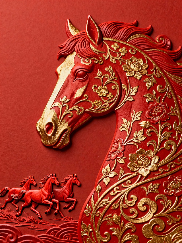 中式凹凸压印的马年主题插画：红底金纹的马首凸印（只有一点金纹，有一点满缠枝花卉、卷云等中式传统纹样，纹理精细繁复，边缘带立体凸起质感），左下方搭配同风格的3匹奔马群（红色）（马匹呈动态奔跑姿态，跑向马首），凸印；纯正红底色背景，强化立体层次感；风格参考是中式传统凹凸印+烫金工艺质感，兼具典雅的东方美学与精致的工艺细节；通过明暗对比突出立体感；构图视角为横向构图，马首凹凸压印占据画面核心区域，奔马群位于下方衬托；纯红色
