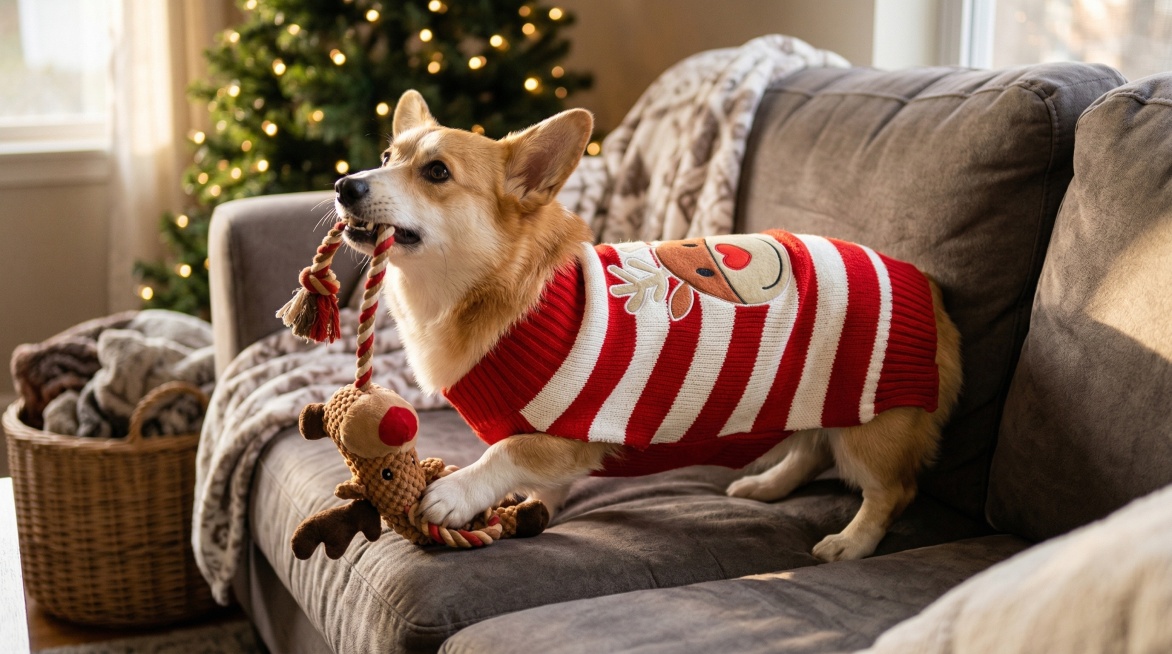 狗狗穿着这件红白条驯鹿图案毛衣在温馨的家中沙发玩耍，保留毛衣的主体特征和驯鹿图案细节，画面超清，自然暖光预览效果