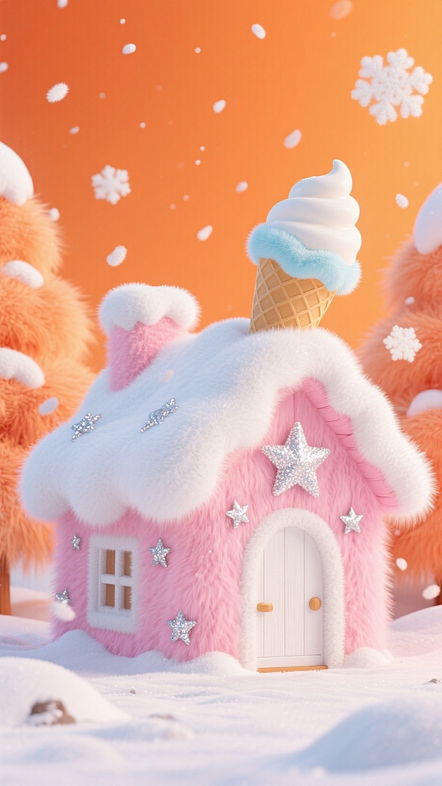 画面中心是粉色的小木屋（白色门和窗），上面有星星的装饰，屋顶覆盖白雪，房顶上有一个巨大的被雪覆盖的冰淇淋，橙色的天空，周边飘着白色雪花，地面有积雪