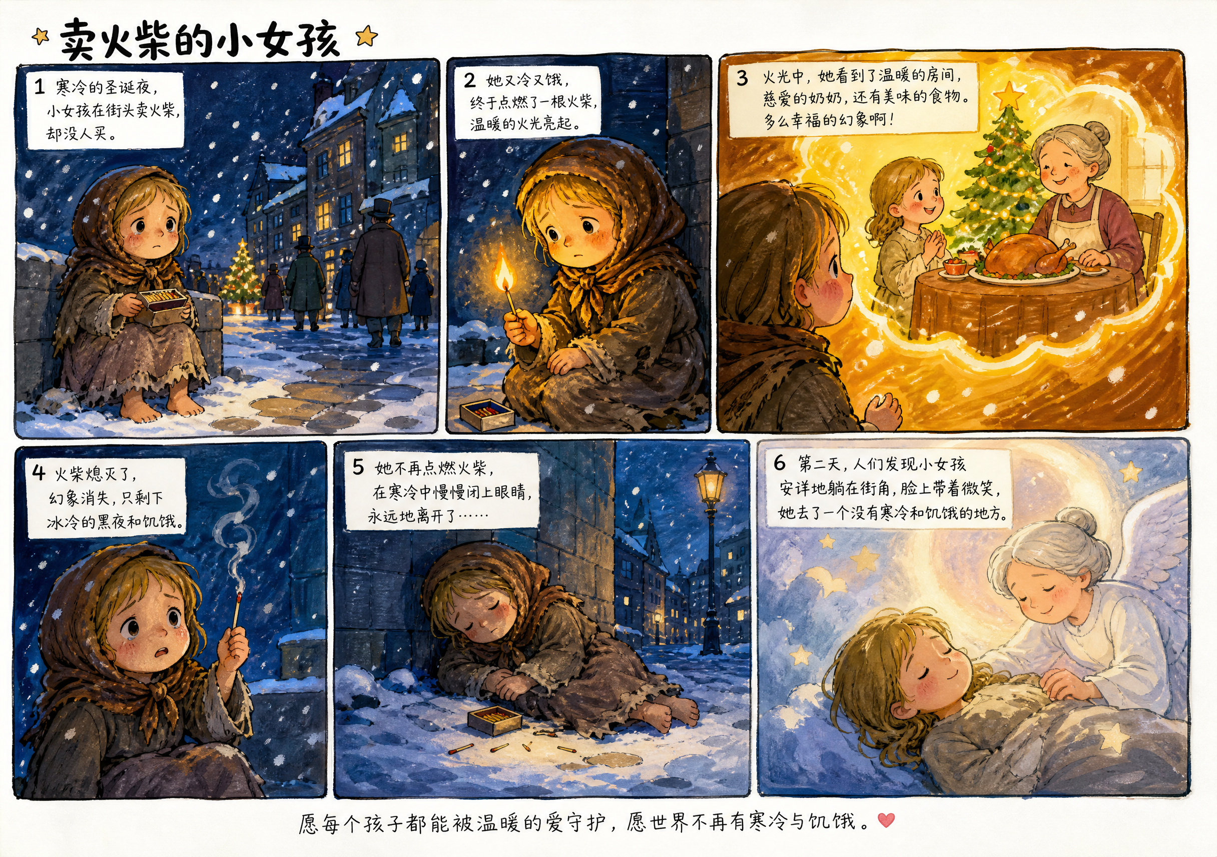 卖火柴的小女孩连环画，马克笔手绘风格，横版构图，画面分为多个分… - 图片创意预览