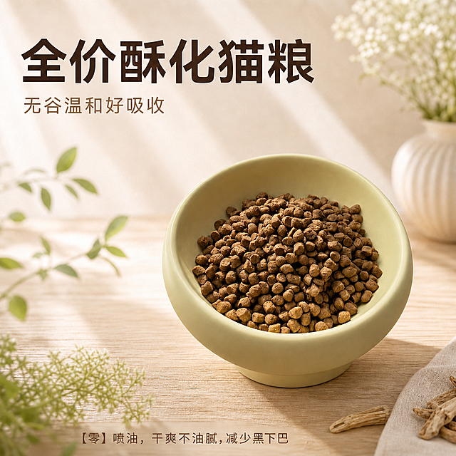 基于已生成的全价酥化猫粮海报，保留所有现有元素不变：保留左上角大字「全价酥化猫粮」、小字「无谷温和好吸收」，保留浅黄绿色碗里的猫粮、浅原木背景和绿色植物点缀，整体光影风格不变。现在需要在画面下方，猫粮碗下方添加一行卖点文字：「【零】喷油，干爽不油腻，减少黑下巴」，文字颜色使用浅棕色，字号比上方小字稍小，保持左对齐排版，整体风格和现有海报协调统一，保持商业摄影质感，文字清晰，背景自然。