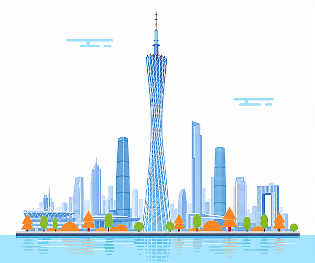 构图突出广州小蛮腰，将其他建筑做缩小弱化处理，按照广州真实地标环境围绕小蛮腰排布，让小蛮腰成为视觉中心