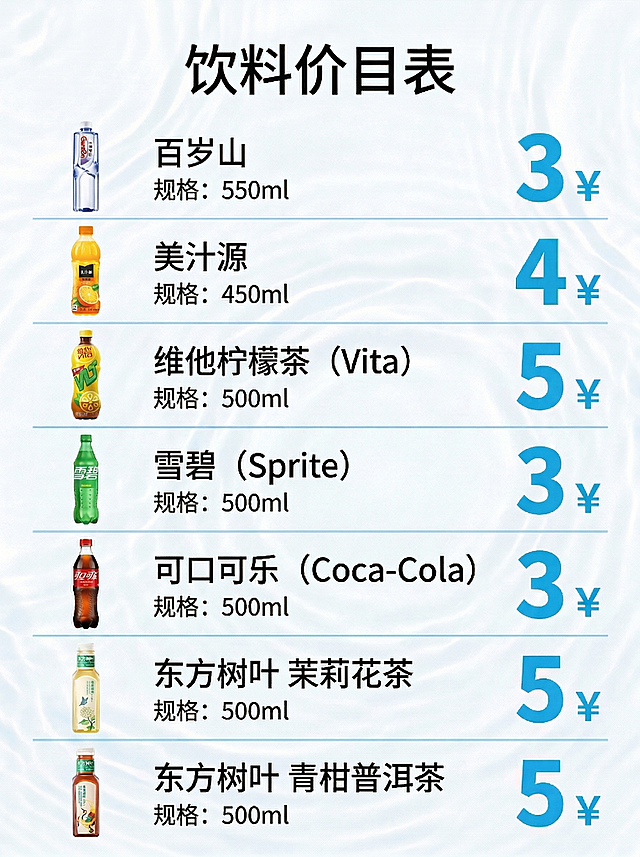 将这张饮料价目表海报上所有的英文内容全部移除，保留中文的饮料名称、规格、价格以及饮料产品图，排版保持整齐美观，价格依旧突出显示。