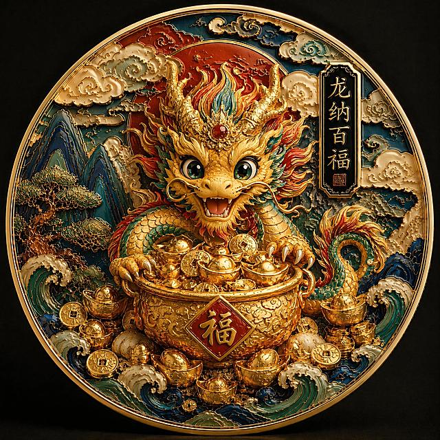 「图片1」根据上面的参考图为我设计一个以十二生肖龙为主体的以龙纳百福元素有福有财设计，把瑞虎聚财换成龙纳百福。