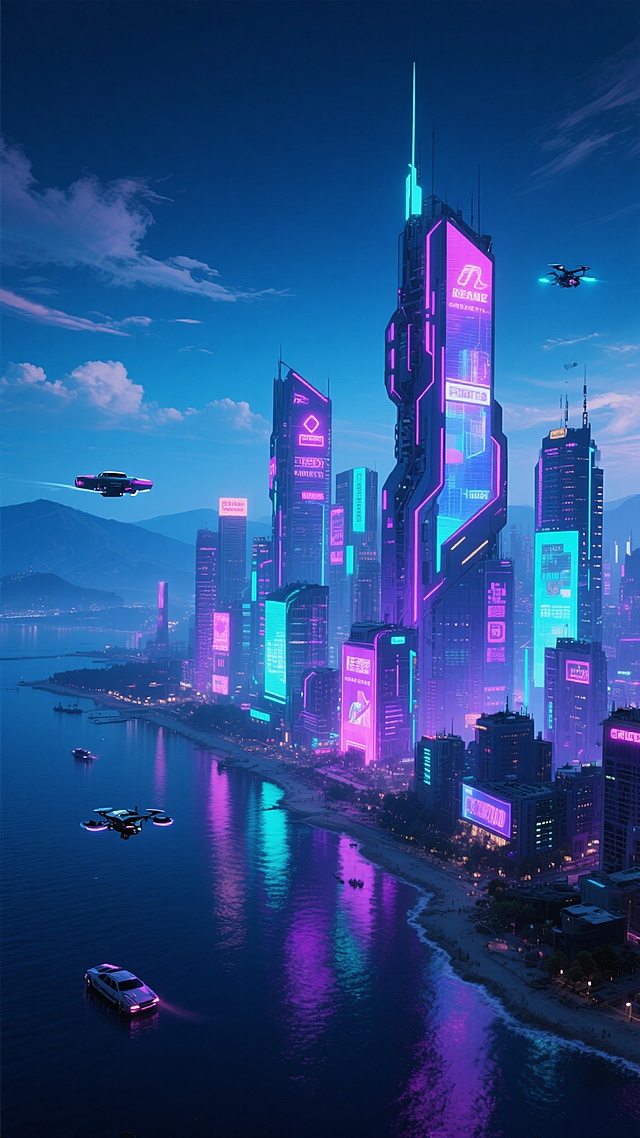 赛博朋克风格的城市天际线航拍图，画面保持原有的滨海城市布局和水域位置，远处是朦胧的山脉轮廓。建筑造型改为充满未来感的赛博朋克风格，高楼大厦表面覆盖着大量发光霓虹招牌和全息投影广告，建筑形态加入尖锐的棱角、不规则的几何切割和向上延伸的机械结构。整体色调以深蓝、紫色和青色为主，搭配明亮的霓虹粉、电子蓝和荧光紫作为点缀，营造出夜晚霓虹灯照耀下的繁华与颓废交织的氛围。天空呈现深邃的暗蓝色，点缀着几缕被霓虹灯映照的云彩。水面倒映着建筑的霓虹灯光，波光粼粼。城市中点缀着飞行的悬浮汽车和无人机，增强未来科技感。保持原有的城市密度和整体构图，确保视觉焦点依然是中央区域的高楼群。