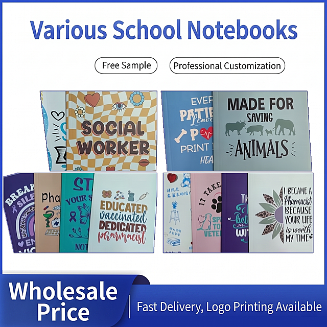 基于原图修改，修正错误英文：将标题"Various Schol Notebooks"改为"Various School Notebooks"，将"Professization"改为"Professional Customization"，将底部中文"批发价 急速发货 Logo打印"改为英文"Wholesale Price | Fast Delivery, Logo Printing Available"，保留原图片所有其他元素、排版、配色和风格不变，修正文字错误并替换剩余中文为英文