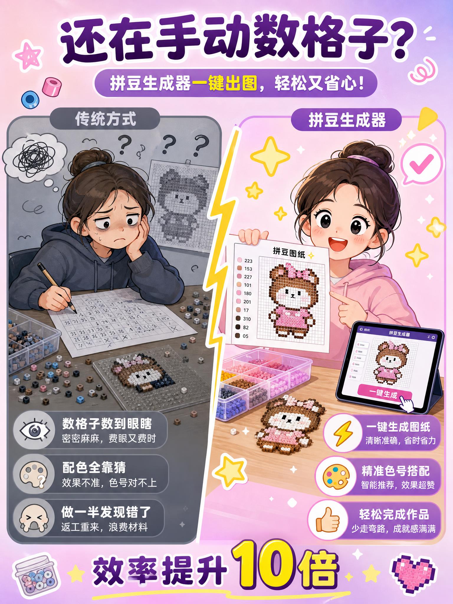 [主图-2] 痛点与目标场景激发兴趣。展示手工爱好者做拼豆的常… - 图片创意预览