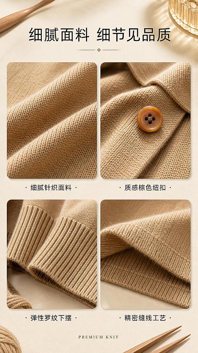 [第3张] 详情页面料与细节-卡其色翻领针织开衫面料与细节特写。本张使用【图1】作为商品主体。
[氛围/风格] 精致复古质感，微距细节摄影风，品质工艺氛围，温暖质感。
[元素布局] 采用2×2宫格布局展示四个细节特写：左上为针织面料微距（展示细腻针织纹理与柔软质感），右上为棕色纽扣特写（展示纽扣质感与光泽），左下为罗纹下摆纹理特写（展示罗纹编织纹路与弹性），右下为缝线包边工艺特写；背景为米黄色台面+木质镊子+暖光道具；保持面料颜色、针织质感与输入图一致。
[光影质感] 侧上方暖光打亮针织纹理，突出面料层次和纽扣质感，每个宫格内有自然阴影，质感真实细腻。
[配色色系] 全局底色 #EDE4D5 米黄色；主色卡其色针织面料；辅助色棕色纽扣、木质工具；点缀色暖光高光。
[视角构图] 四宫格对称布局，顶部标题区，每格下方配短标签，阅读动线清晰。
[文字版式] 版式为顶部大标题+四宫格细节图+每图下方标签。主标题「细腻面料 细节见品质」，细黑体大字居中；每格下方小字标签：「细腻针织面料」「质感棕色纽扣」「弹性罗纹下摆」「精密缝线工艺」；底部一行小字英文「PREMIUM KNIT」。
[比例分辨率] 9:16 竖版比例，2K分辨率，文字清晰可辨，高清画质。
[负向提示词] 面料失真，颜色偏差，水印，文字错乱，面料纹理不清。