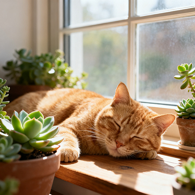 一只慵懒可爱的橘猫趴在洒满阳光的木质窗台上，周围摆放着绿色多肉植物，温馨治愈的家居氛围，高清摄影风格，色彩柔和自然