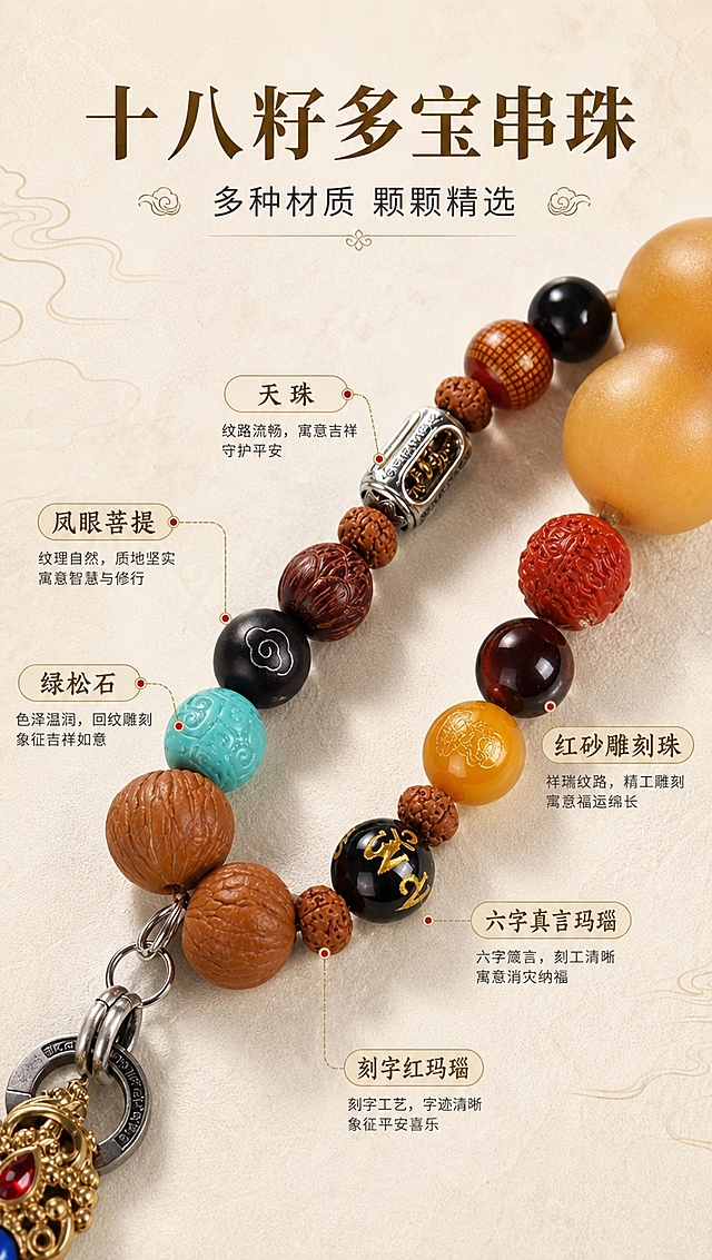 [商品] 使用【图6】黄财神车挂珠串部分；保留各种材质珠子：凤眼菩提、绿松石回纹珠、黑檀祥云珠、紫檀莲花珠、金刚菩提、红色雕刻珠、虎眼石、黄玉髓、六字真言黑玛瑙、红玛瑙刻字珠、天珠、绿玛瑙等；保留珠子颜色、纹理、雕刻细节；增强珠串质感与各材质特点，不改变珠子顺序和结构。
[画面] 页面目标：多宝串珠细节展示，呈现十八籽丰富材质与配色。构图：竖版，珠串斜向贯穿画面中部，呈S形排列，占画面65%。景别：中近景特写。背景为浅米白肌理底，柔和干净突出珠串色彩。阅读动线：从上至下，上方标题，中部珠串主体，周围分布材质标注。
[视觉] 套系策略：风格=国风禅意高级商业摄影；标题字=国风宋体粗体；正文字=现代无衬线体；主色=暖金+深棕；背景延展=浅米白宣纸质感肌理，暖调柔和；强调色=朱砂红，仅用于标注点和小图标；标题色=深棕金色；正文色=深炭灰；组件=细金线引线标注、小圆角材质标签；光影=顶部均匀柔光，珠串有自然光泽和通透感，下方有柔和投影。
[文字] 上方主标题「十八籽多宝串珠」，副标题「多种材质 颗颗精选」，画面中用引线标注6种代表性珠子：「凤眼菩提」「绿松石」「红砂雕刻珠」「六字真言玛瑙」「天珠」「刻字红玛瑙」，文字标注分布在珠串两侧，不遮挡珠子主体。
[规格] 图片比例9:16竖版，4K分辨率，淘宝/天猫详情页适配，中文文案，避免变形、错字、文字过小、冷色调、珠子颜色失真、绝对化用语、宗教敏感表述。