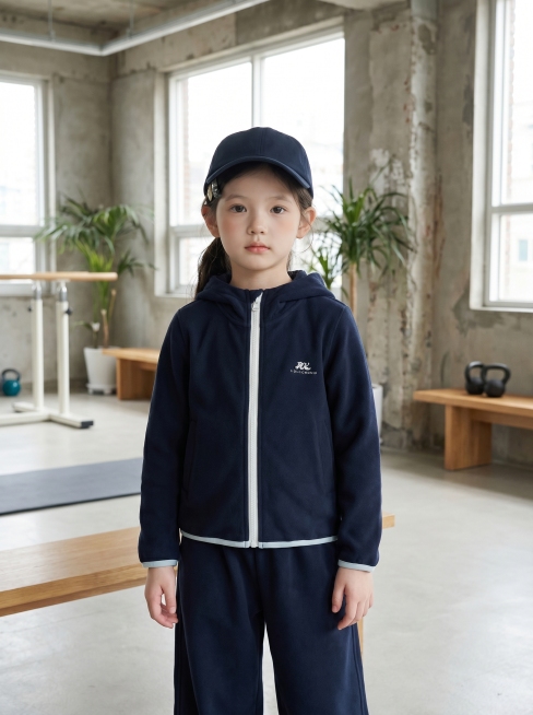 将image1中的藏青色连帽拉链外套和阔腿裤套装穿在image2的小女孩身上，背景为韩系休闲运动风格的高级专业摄影基地，搭配简约棒球帽配饰，小女孩平静表情，正面半身展示，光影柔和，比例3:4预览效果