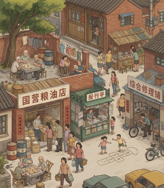 80年代中国城市街景插画，复古怀旧风格，老居民区巷弄，有粮油店、报刊亭、修理铺等不同的老店铺，居民下棋、纳凉、买东西，充满生活烟火气，色彩温暖柔和，和参考图风格一致但场景内容完全不同预览效果