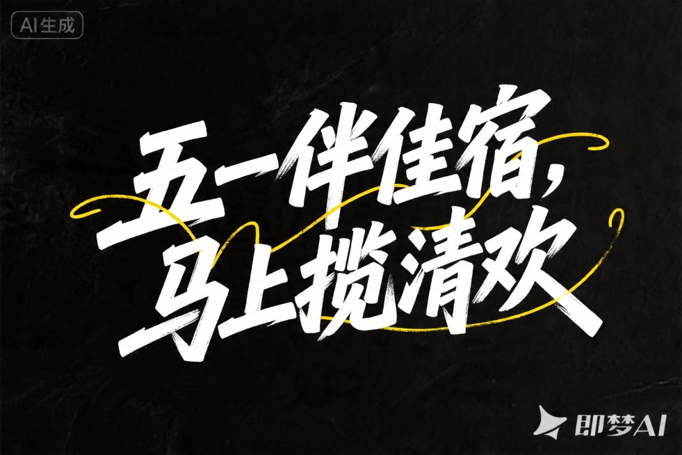 参考原图字体风格修改文字，把文字精准替换为“五一伴佳宿，马上揽清欢”，完全保留原图的排版格式：两行大字排版，黄色曲线装饰，保留小字英文位置但文字删除，保留黑色纹理背景，保留白色粗毛笔刷手写字体风格，笔预览效果